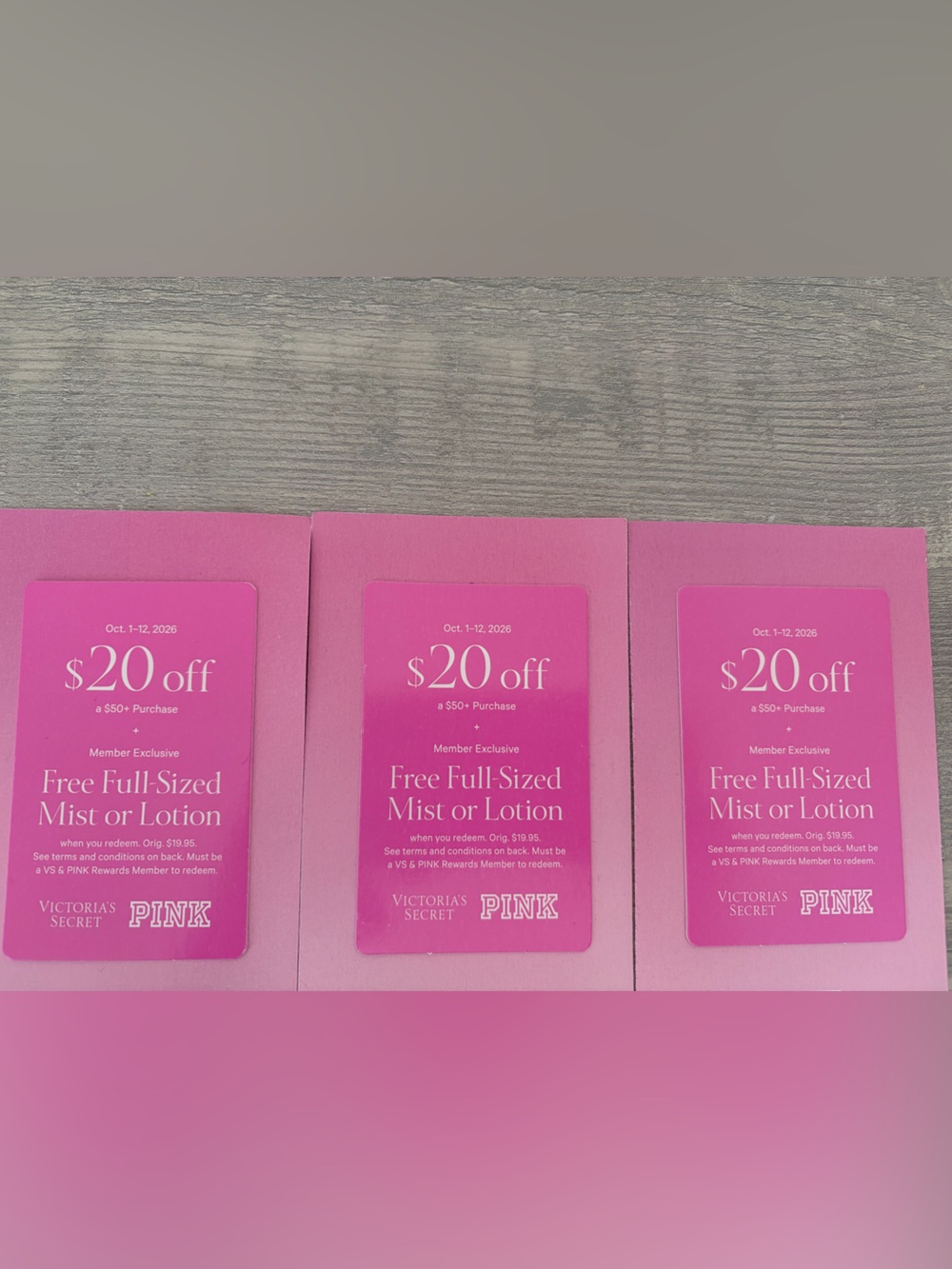 3 Victoria’s Secret coupons  $20 Off $50 + free Full Size item October 1-12